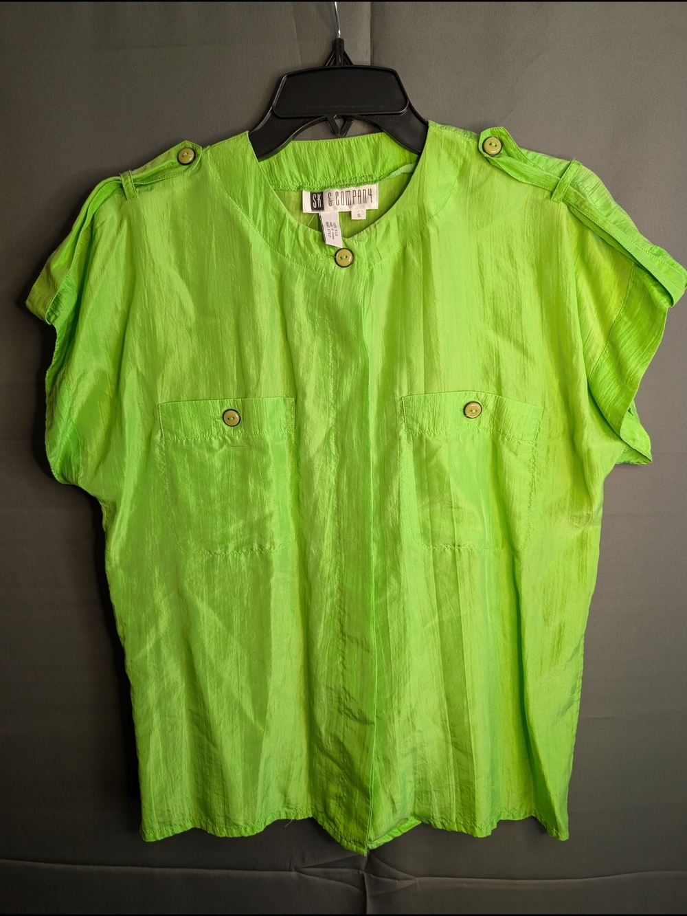 SK & Company Neon Green Short Sleeve Button-Pocket Blouse 100% Silk .. B